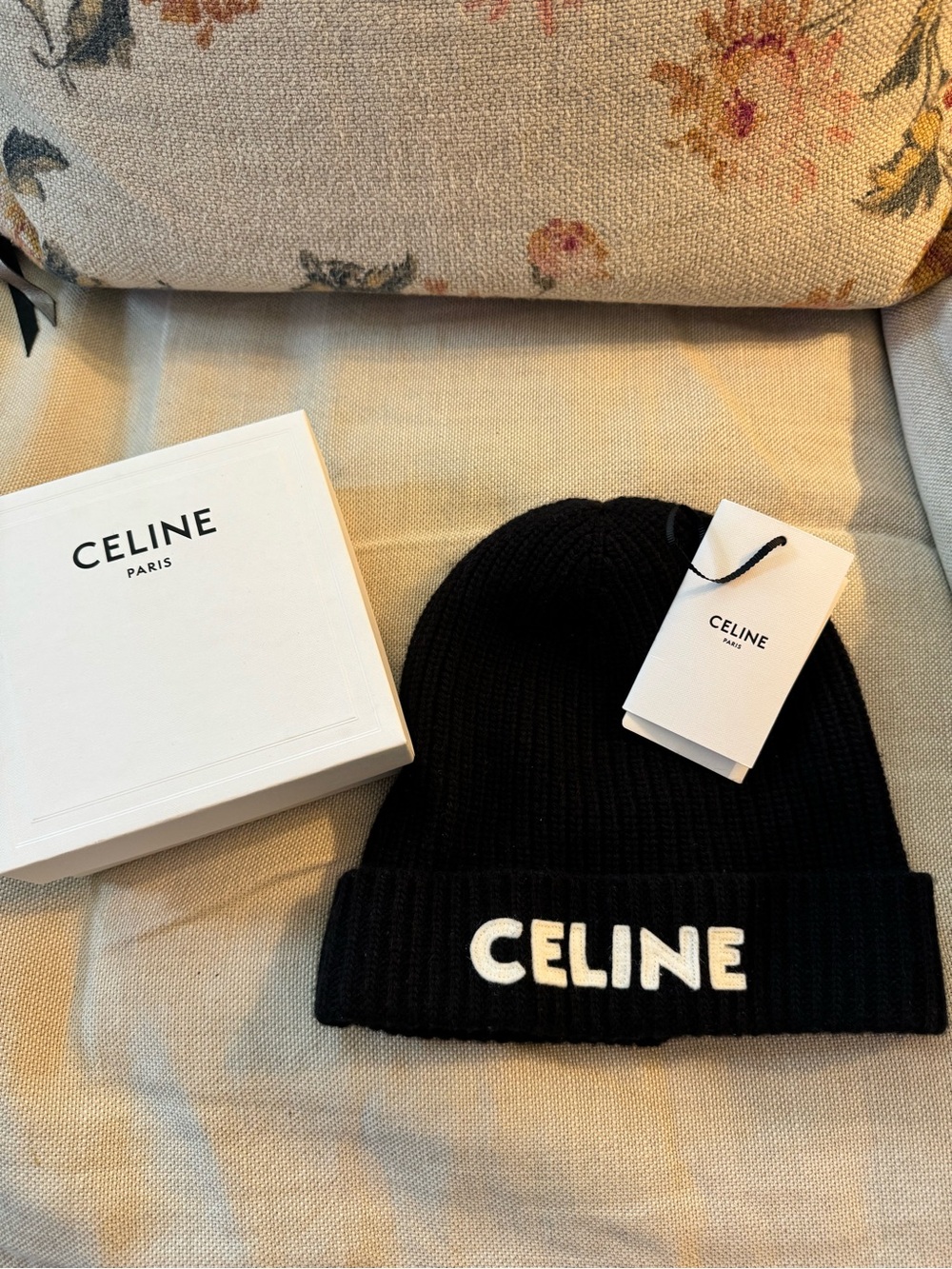 Celine Black Knit Beanie with White Logo